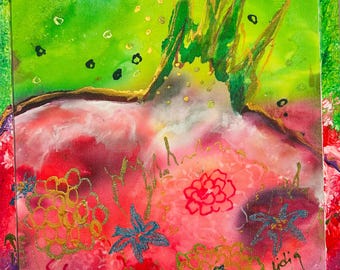Pomegranate Batik Painting on Silk: Red Wall Decor