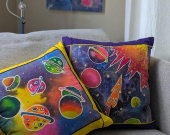 Hand-Painted Silk Throw Pillow – Cosmic Space Art Cushion, Celestial Galaxy Decor