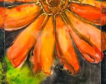 Peinture sur soie de fleurs de calendula : décoration murale florale batik