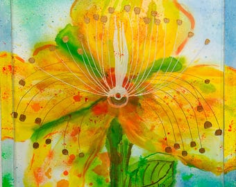 Batik de millepertuis : peinture sur soie de fleurs jaune-vert