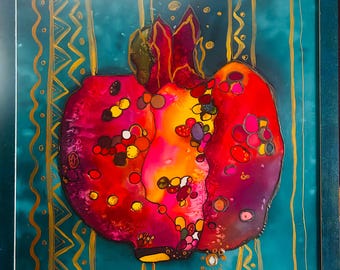 Pomegranate Batik Painting on Silk: Red Fruit Wall Decor (27"x27")