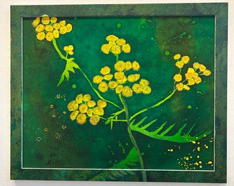 Peinture batik florale sur soie : décoration murale botanique jaune-vert
