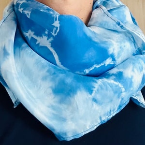 Hand-Painted Silk Scarf: Blue Tie Dye Kerchief, Vintage Style
