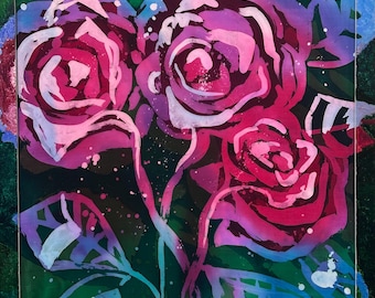 Peinture batik rose sur soie : décoration murale florale