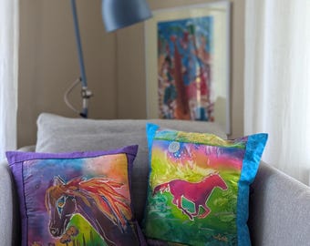 Hand-Painted Silk Cotton Pillow Cover, Colorful Horse Art Cushion, Equestrian Decor