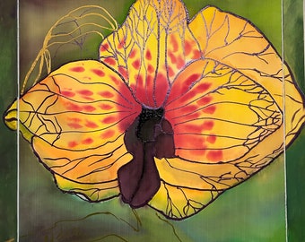 Yellow Orchid Yoni Art on Silk, Erotic Bedroom Wall Decor