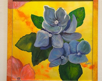 Peinture batik hortensia sur soie : décoration murale florale (25 x 25 po.)
