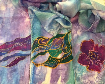 Hand-Painted Tie Dye Silk Scarf: Purple Women's Neck Shawl
