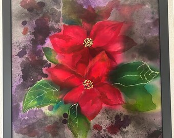 Poinsettia Batik Painting on Silk: Christmas Floral Wall Decor