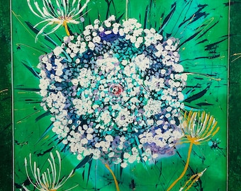 Batik en dentelle de la reine Anne : peinture florale sur soie, décoration murale botanique verte