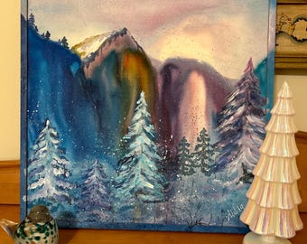 Winter Mountain Silk Painting: Batik Wall Decor (20x20)