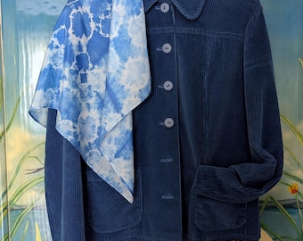 Hand-Painted Silk Scarf: Blue Tie Dye Kerchief, Vintage Style