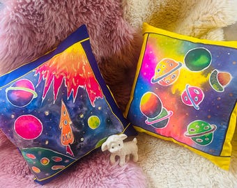 Hand-Painted Silk Throw Pillow – Cosmic Space Art Cushion, Celestial Galaxy Decor