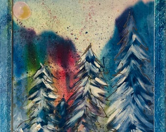Peinture sur soie Winter Mountain : décoration murale batik (12 x 12)