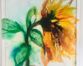 Sunflower Batik Painting on Silk: Floral Botanical Wall Decor