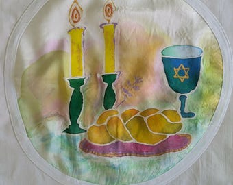 Hand-Painted Silk Challah Cover with Shabbat Candles and Kiddush Cup