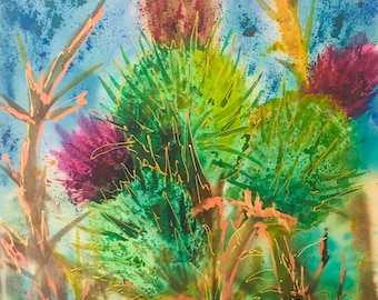 Thistle Batik Painting on Silk: Floral Wall Decor