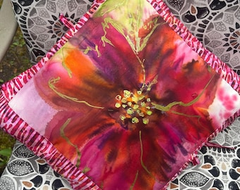 Hand-Painted Silk Pillow Cover: Batik Red Flower Design, Down Fill
