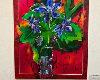 Peinture de fleurs batik sur soie : décoration murale florale rouge (25 x 20 po.)