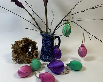 Silk Hanging Easter Eggs | Set of 3 - Pink, Green, Purple, Gold Decor Easter Ornaments