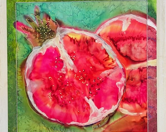 Pomegranate Batik Painting on Silk: Red Fruit Wall Decor (27"x27")