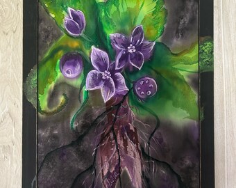 Mandragora Batik: Still-Life Silk Painting, Black Purple Decor