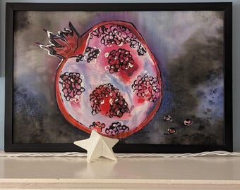 Silk Batik Pomegranate Painting: Botanical Wall Decor