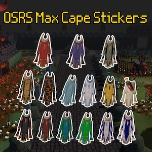 May include: OSRS Max Cape Stickers in various colors. The stickers feature a variety of cape designs, including red, purple, green, and yellow. Each cape has a unique pattern and design, with a white border. The text "OSRS Max Cape Stickers" is at the top.