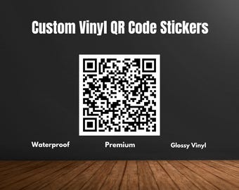 May include: Custom vinyl QR code stickers, waterproof, premium, glossy vinyl.  The stickers are black and white and are on a dark gray background.