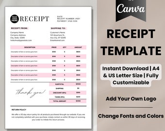 Editable Small Business Receipt template, Pre-made Business Receipt, Printable Canva Template, Digital Order Receipt Form, Billing Form