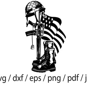 May include: Black and white silhouette of a military helmet, rifle, boots, and an American flag. The rifle is standing upright with the boots at the base and the helmet and flag are at the top.