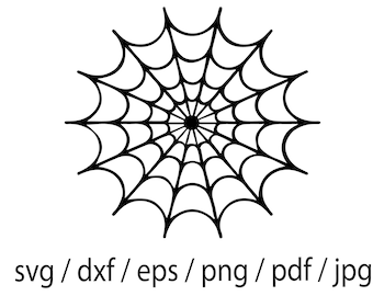 May include: Black and white illustration of a spider web. The web is circular and has a central hub with radiating lines.