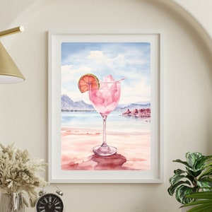Pink Bar Cart Art Cocktail Poster Digital Descargar Arte Rosa Acuarela Arte Salón Pared Arte Licor Cartel Pastel Bar Cart Acessories