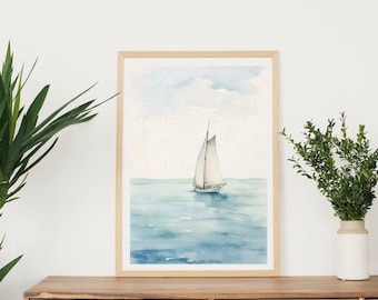 Sailboat Wall Art Blue Watercolor Art Boat Art Print Sailboat Digital Download Office Download Wall Art Ocean Wall Art Sea Decor Beach Art