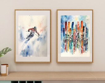 Ski Art Print Winter Breckenridge Art Print Set of 2 Winter Ski Poster Art Watercolor Digital Download Skiing Winter Digital Art Ski Gift