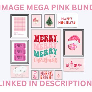 May include: A digital download of 23 pink and white Christmas themed printable images. The images include a plaid pattern, a Santa Claus, a Christmas tree, a Christmas ticket, a Christmas ornament, and a Christmas mug.