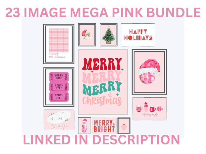 May include: A digital download of 23 pink and white Christmas themed printable images. The images include a plaid pattern, a Santa Claus, a Christmas tree, a Christmas ticket, a Christmas ornament, and a Christmas mug.
