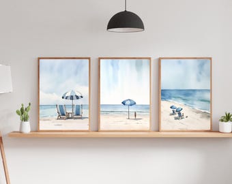 Conjunto de impressão de arte em aquarela de praia, download digital, arte costeira, decoração de parede, banheiro, casa de praia, pôster, decoração náutica de parede, quarto