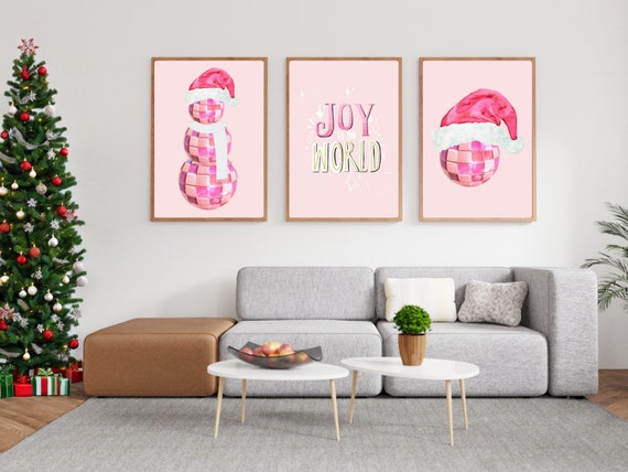 Pink Christmas Decor Pink Christmas Art Disco Printable Disco Poster Digital Download Set of 3 Pastel Christmas Print Pink Poster Xmas Art
