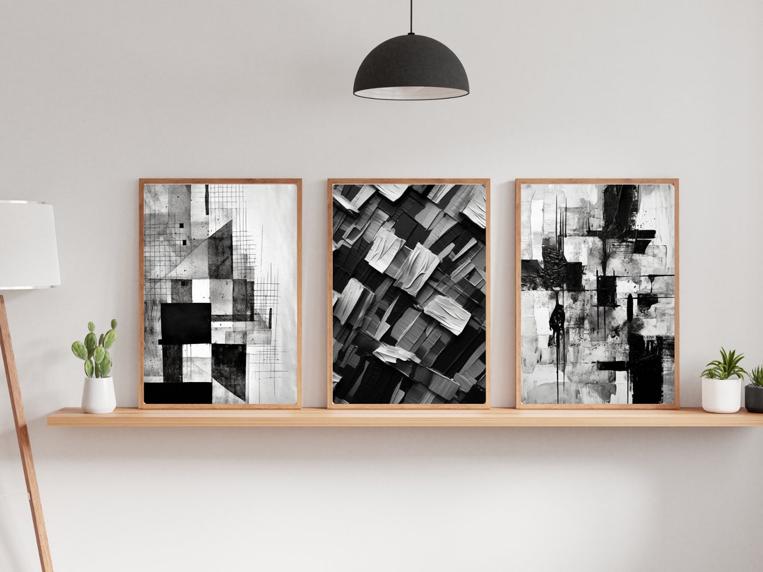 Black and White Abstract Wall Art Set of 3 Digital Download Art Prints ...