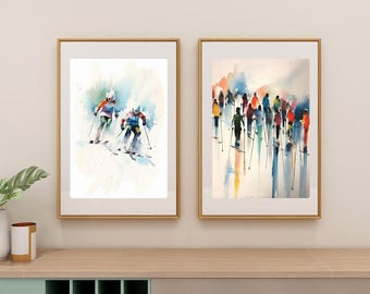 Ski Hütte Dekor Winter Aquarell Berghütte Kunstdruck Digital Download Skifahren Kunstwerk Wanddekoration Weihnachten Ski Winter Szene