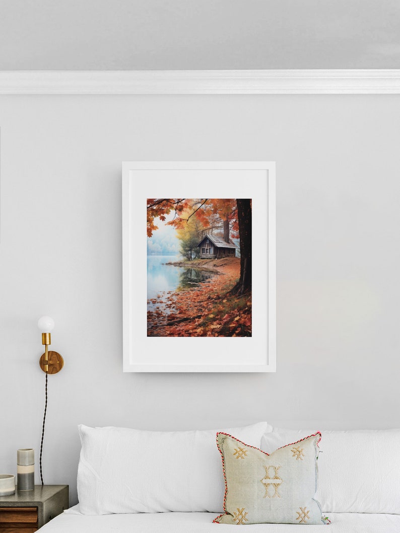 Fall Wall Art Neutral Fall Leaves Art Print Fall Cabin Landscape Art