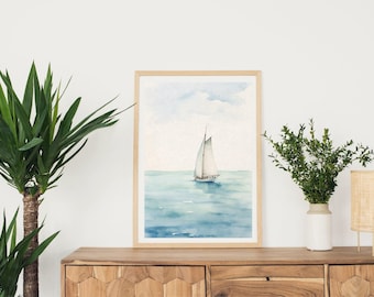 Impressão de arte de parede náutica, download digital, decoração de praia, banheiro costeiro, presente de vela, veleiro, aquarela azul, arte de barco marinho