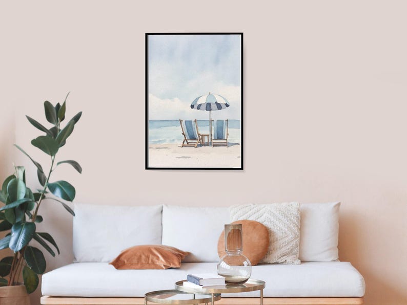 Watercolor Beach Art Print Digital Download Tropical Room Decoration Nautical Theme Wall Display Coastal Design Poster Retro Style Surf Aesthetic Printable Artwork Beach House Styling Ocean Inspired Collection Instant Download Multiple