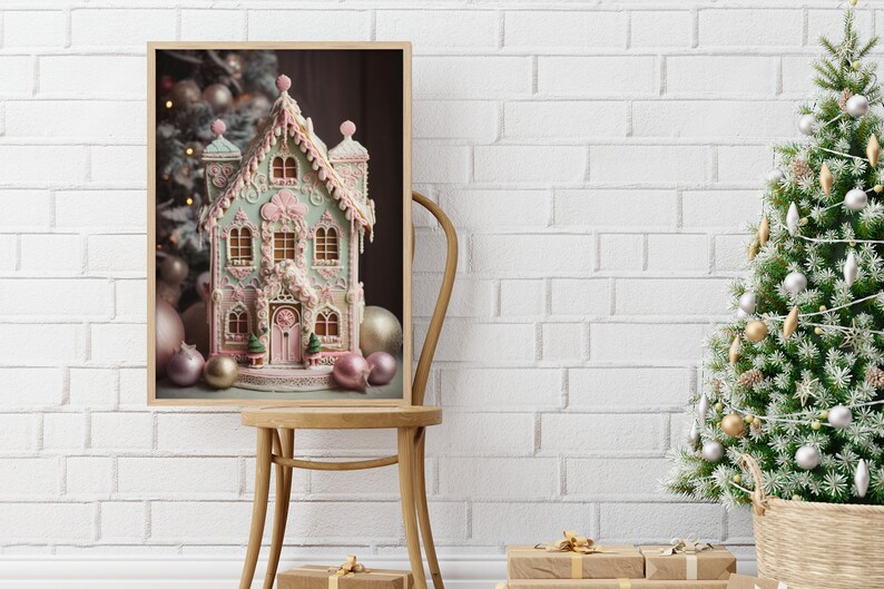 Pastel Gingerbread House Print Pink Christmas Printable Wall Art