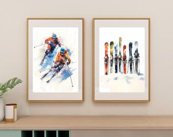 Ski Wand Kunst Druck Set Digitaler Download Winter Aquarell Ski Kunst Weihnachtsgeschenk Ski fahren Winter Ski Dekor Berg Poster Kunst