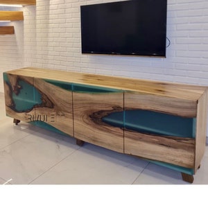 Walnut Wood and Turquoise Epoxy Resin Buffet Cabinet | TV Unit | Cupboard | Media Console - Unique and Stylish Furniture for Your Home