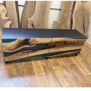 Handcrafted Walnut Wood and Turquoise Epoxy Resin Cupboard | TV Unit | Media Console | Buffet Cabinet | Unique Living Room Furniture