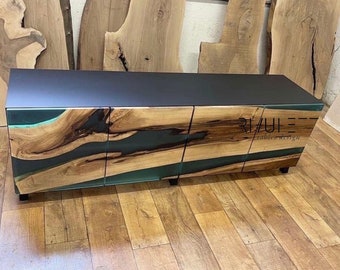 Handcrafted Walnut Wood and Turquoise Epoxy Resin Cupboard | TV Unit | Media Console | Buffet Cabinet | Unique Living Room Furniture