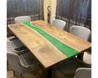 Walnut Wood and Bahia Green Epoxy Resin Dining / Conference Table | Adjustable Length